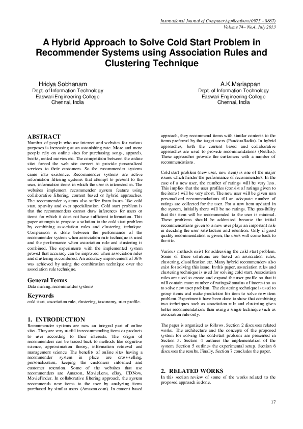 (PDF) A Hybrid Approach to Solve Cold Start Problem in Recommender ...