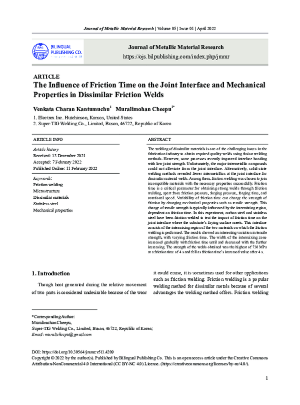 (PDF) The Influence of Friction Time on the Joint Interface and ...