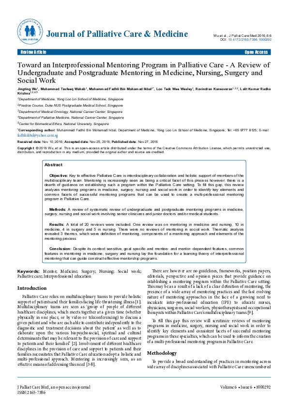 (PDF) Toward an Interprofessional Mentoring Program in Palliative Care ...