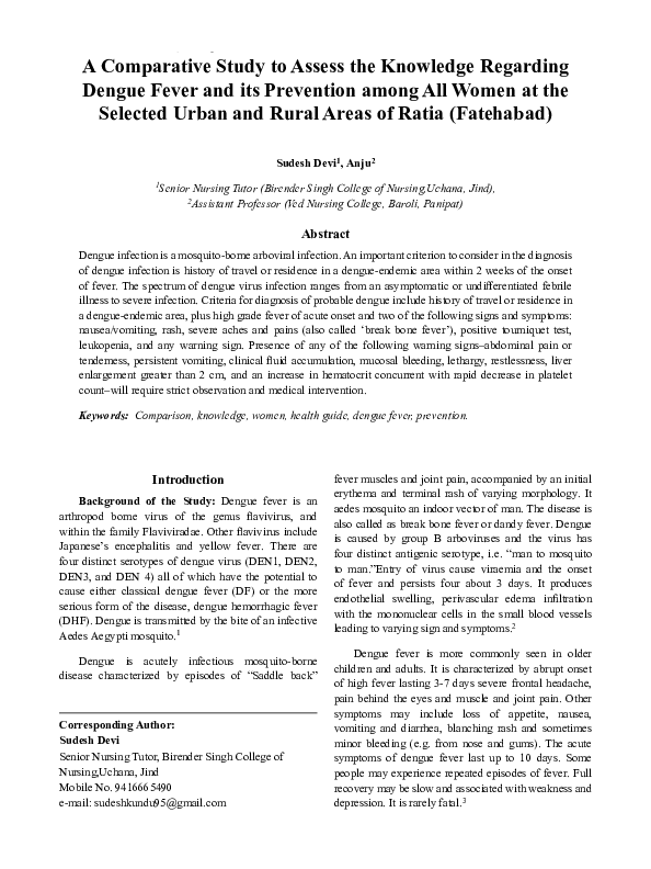 (PDF) A Comparative Study to Assess the Knowledge Regarding Dengue ...