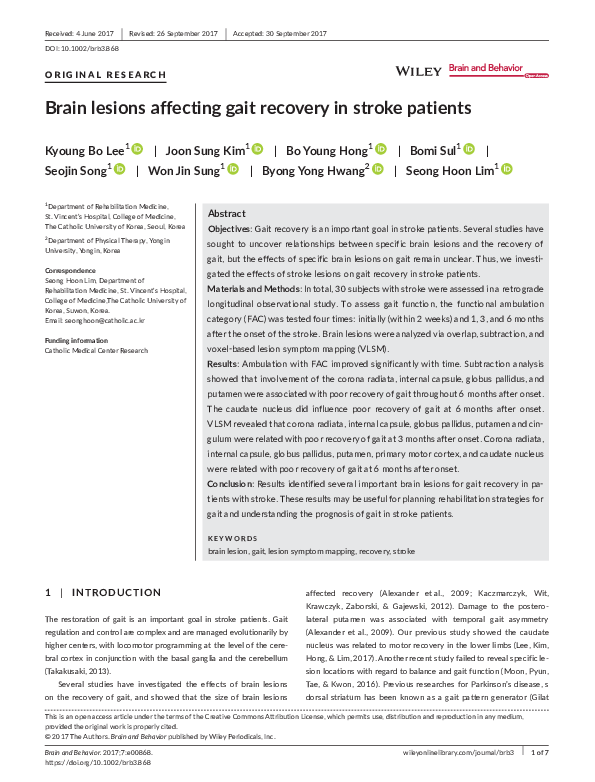 (PDF) Brain lesions affecting gait recovery in stroke patients