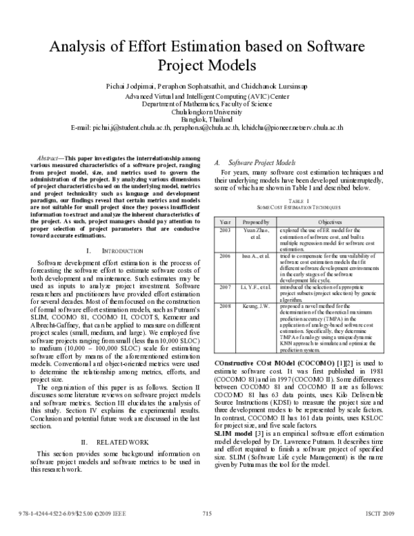 (PDF) Analysis of effort estimation based on software project models