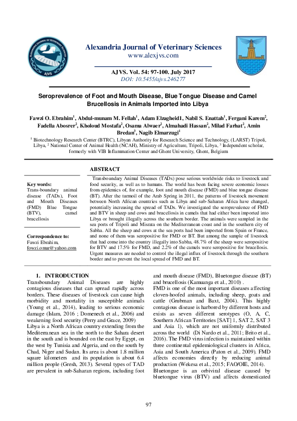 (PDF) Seroprevalence of Foot and Mouth Disease, Blue Tongue Disease and ...