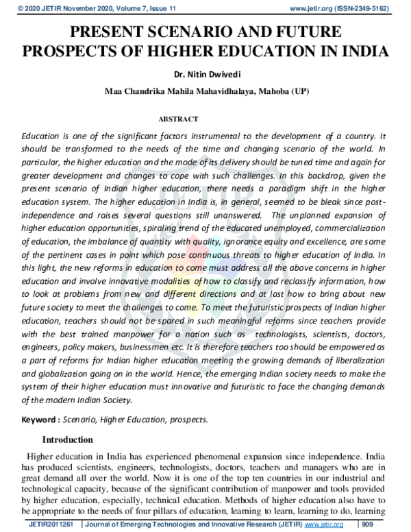 (PDF) Present Scenario and Future Prospects of Higher Education in India