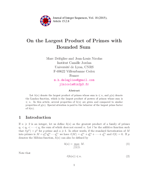 (PDF) On the Largest Product of Primes with Bounded Sum