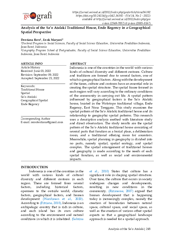 (PDF) Analysis of the Sa'O Atalaki Traditional House, Ende Regency in a ...