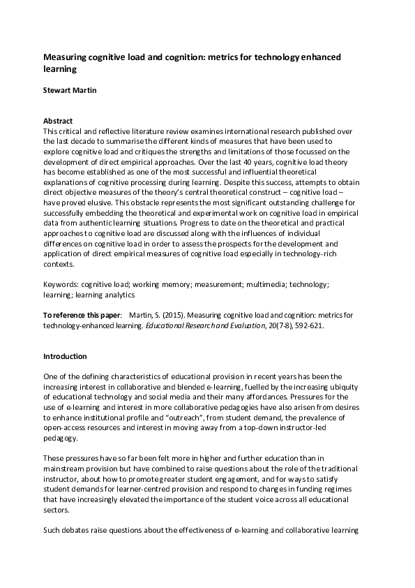 (PDF) Measuring cognitive load and cognition: metrics for technology ...