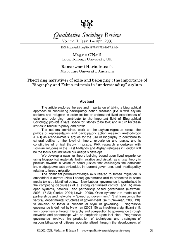 (PDF) Theorising narratives of exile and belonging the importance of