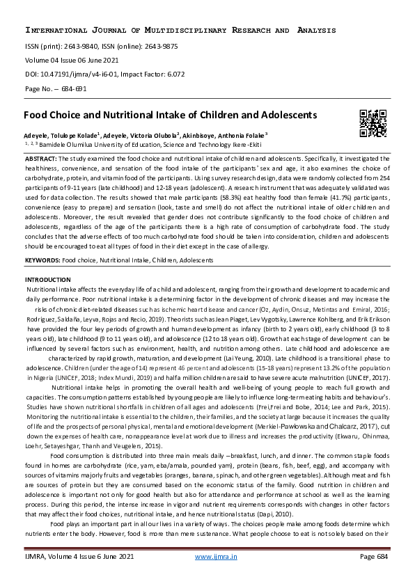 (PDF) Food Choice and Nutritional Intake of Children and Adolescents