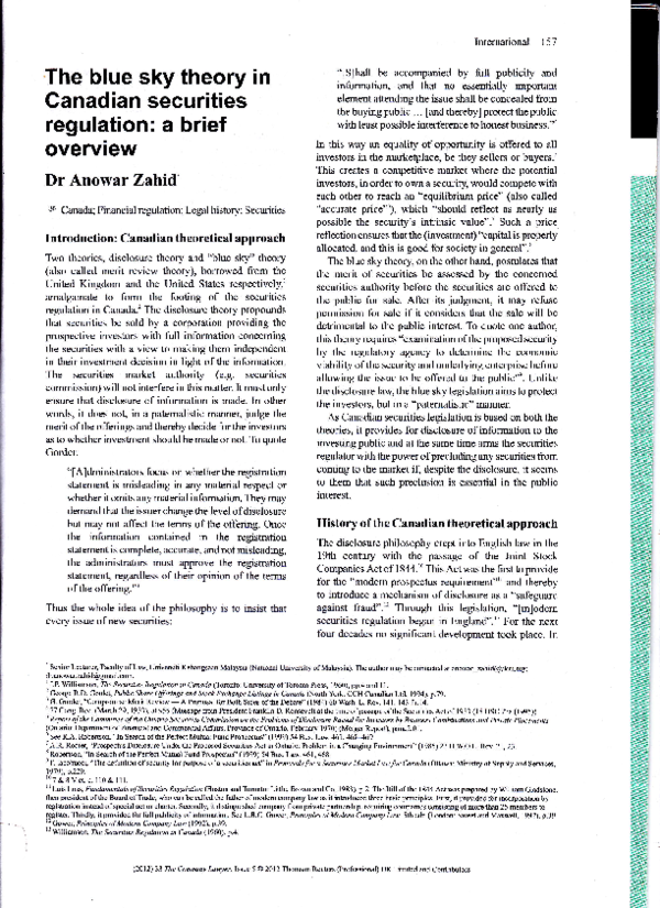 (PDF) The blue sky theory in Ganadian securities regulation: a brief ...