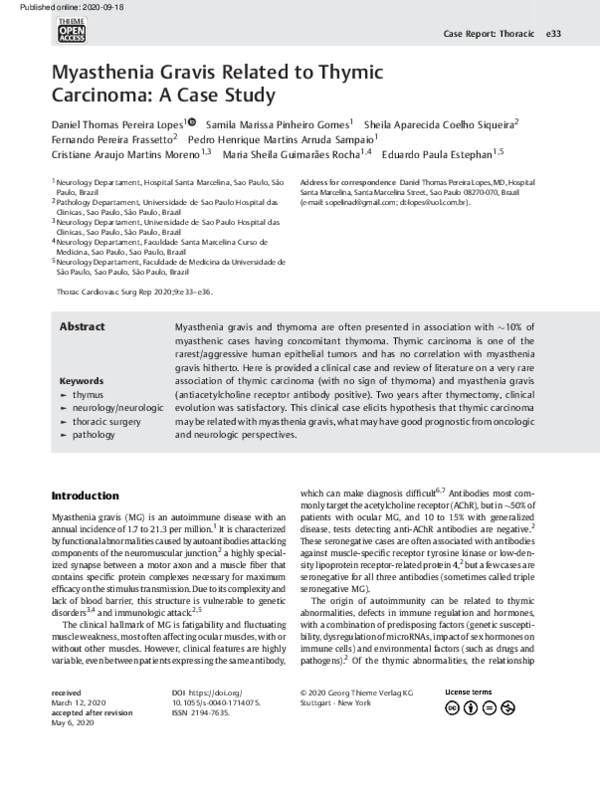 (PDF) Myasthenia Gravis Related to Thymic Carcinoma A Case Study Fernando Frassetto