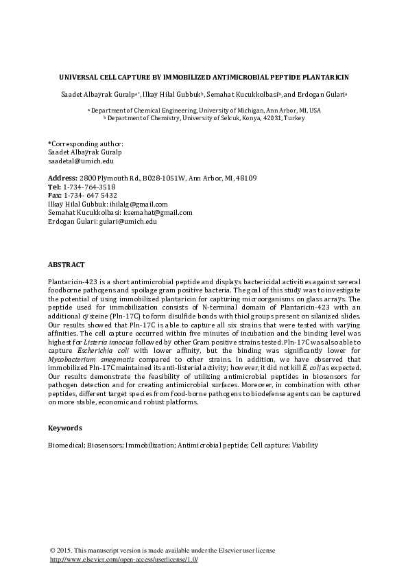 (PDF) Universal cell capture by immobilized antimicrobial peptide ...