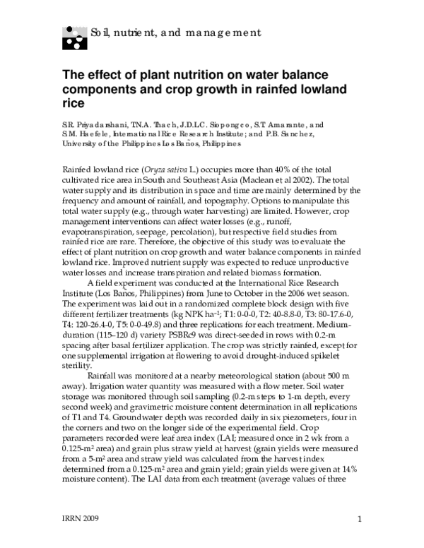 (PDF) The effect of plant nutrition on water balance components and ...