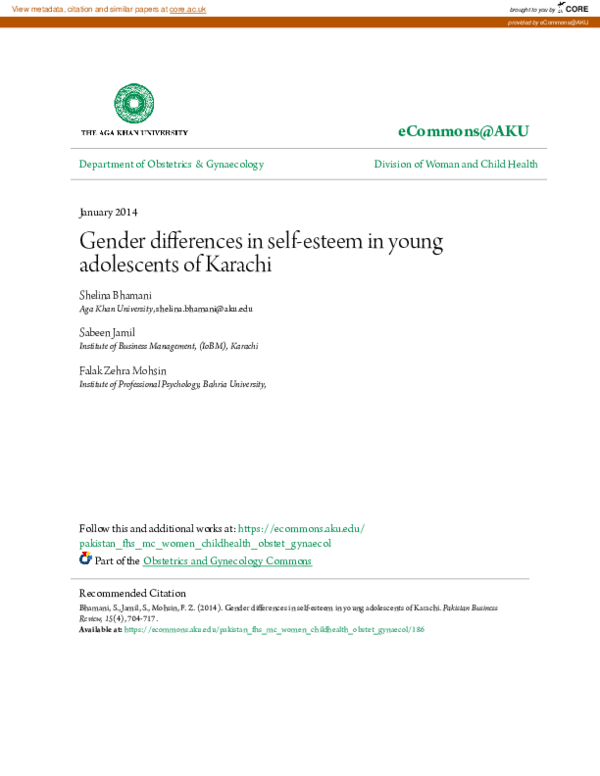 (PDF) Gender Differences in Self Esteem in Young Adolescents of Karachi
