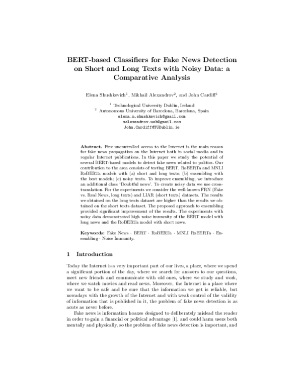 (PDF) BERT-based Classifiers for Fake News Detection on Short and Long ...