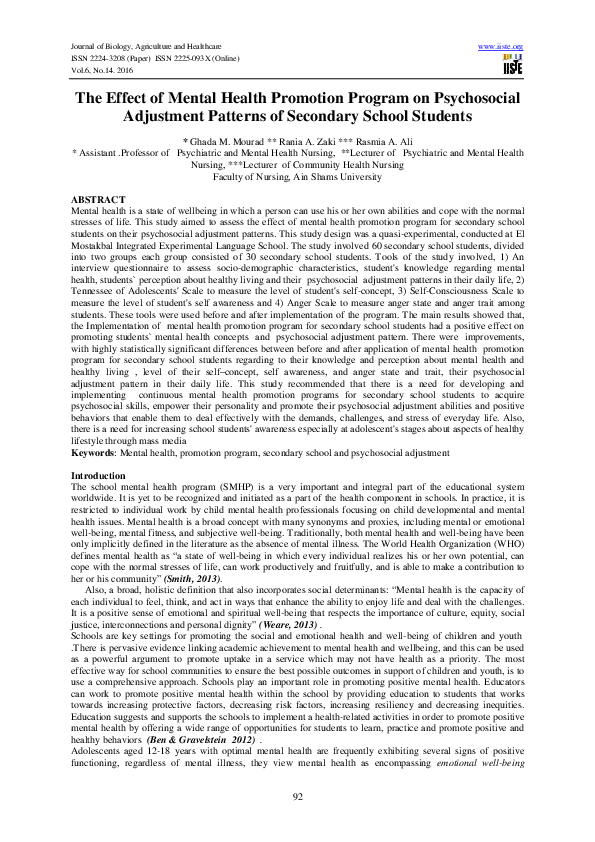 (PDF) The Effect of Mental Health Promotion Program on Psychosocial ...