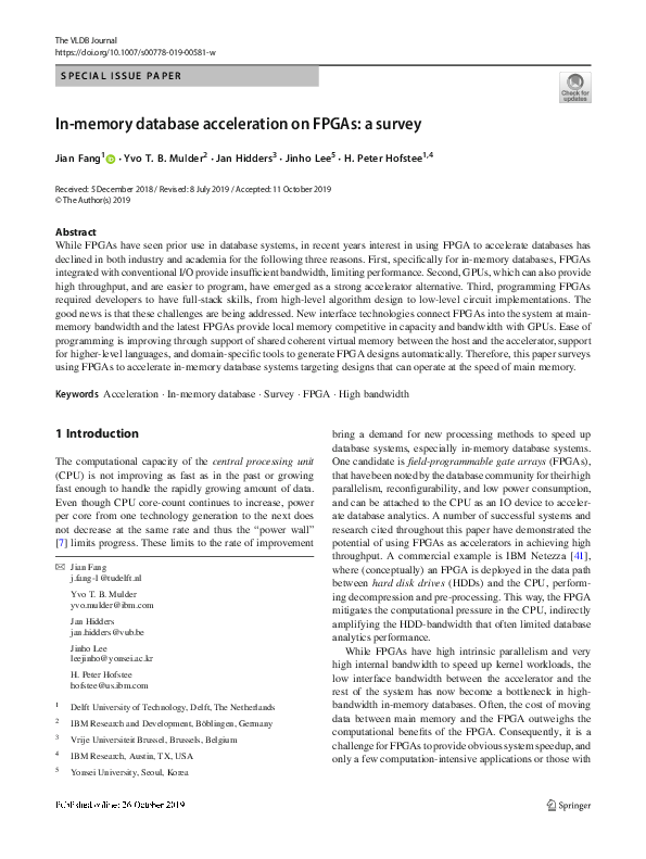 (PDF) In-memory database acceleration on FPGAs: a survey