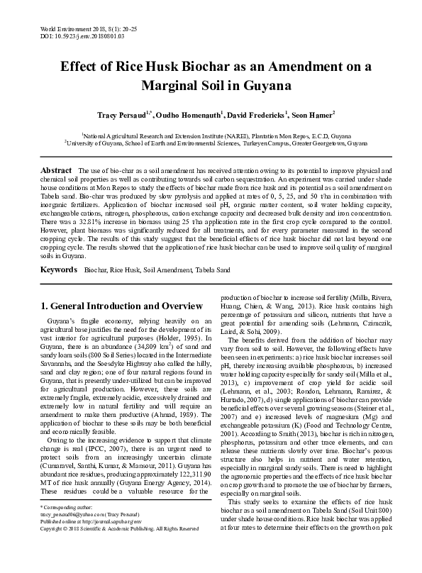 (PDF) Effect of Rice Husk Biochar as an Amendment on a Marginal Soil in ...