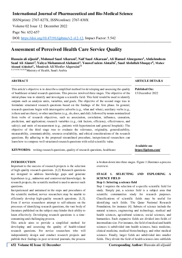 (PDF) Assessment of Perceived Health Care Service Quality
