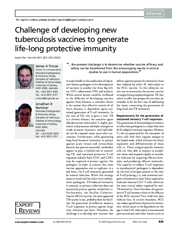 (PDF) Challenge of developing new tuberculosis vaccines to generate ...