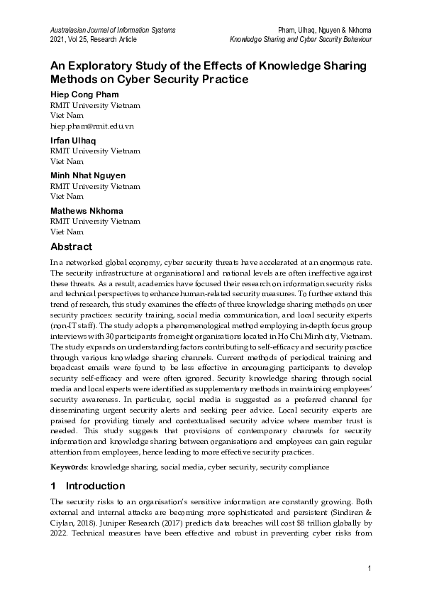 (PDF) An Exploratory Study of the Effects of Knowledge Sharing Methods ...