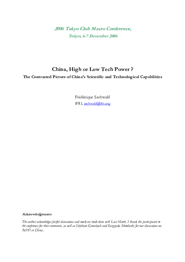 (PDF) China, High or Low Tech Power ? The Contrasted Picture of China's ...