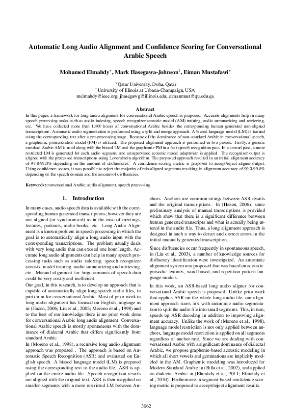(PDF) Automatic long audio alignment for conversational Arabic speech