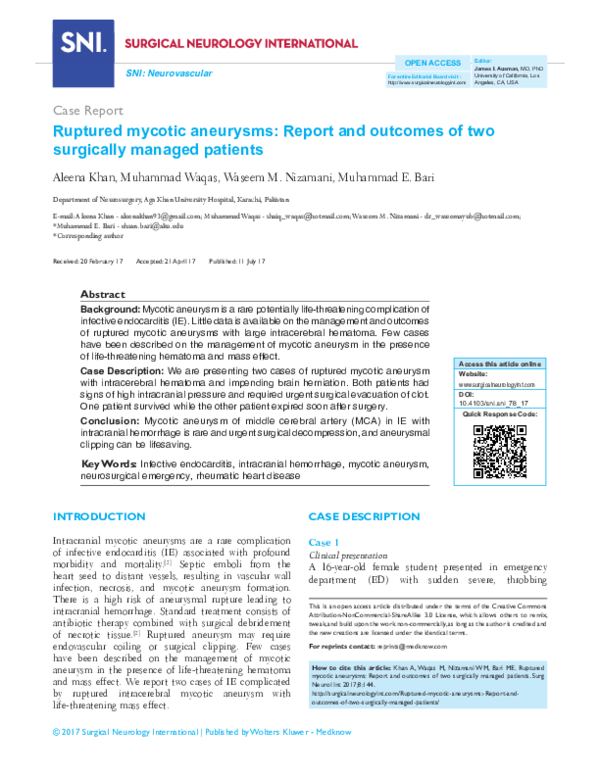 (PDF) Ruptured mycotic aneurysms: Report and outcomes of two surgically ...