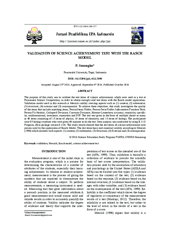 (PDF) Validation of Science Achievement Test with the Rasch Model