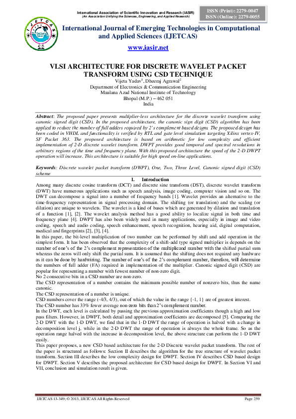 (PDF) Vlsi Architecture for Discrete Wavelet Packet Transform Using CSD ...