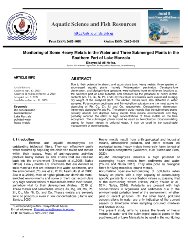 (PDF) Monitoring of Some Heavy Metals in the Water and Three Submerged ...