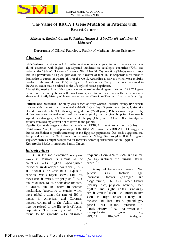 (PDF) The Value of BRCA 1 Gene Mutation in Patients with Breast Cancer