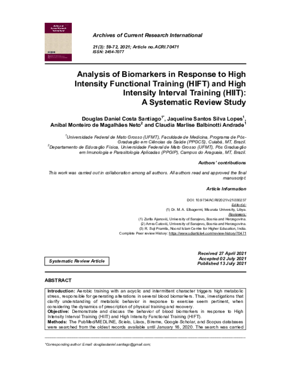 Pdf Analysis Of Biomarkers In Response To High Intensity Functional