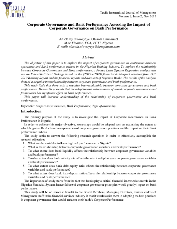(PDF) Corporate Governance and Bank Performance Assessing the Impact of ...