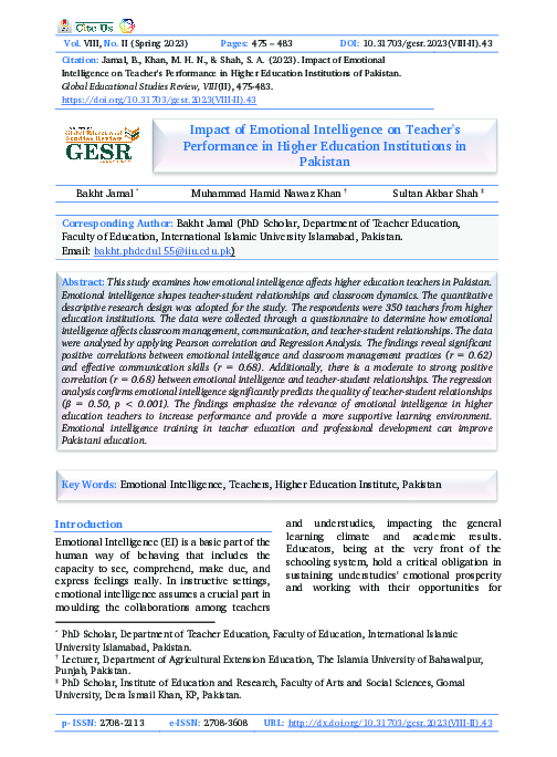 (PDF) Impact of Emotional Intelligence on Teacher's Performance in ...