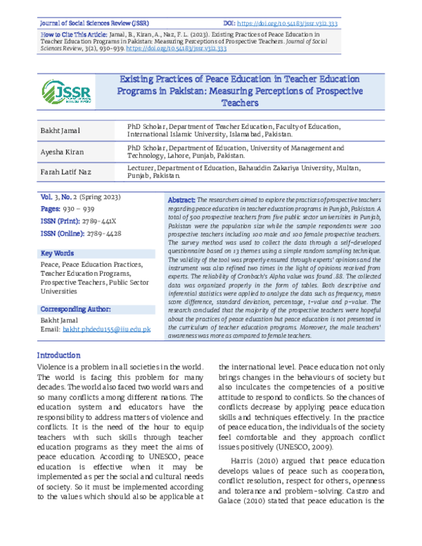 (PDF) Existing Practices of Peace Education in Teacher Education ...