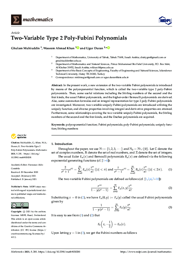 (PDF) Two-Variable Type 2 Poly-Fubini Polynomials | UĞUR DURAN ...