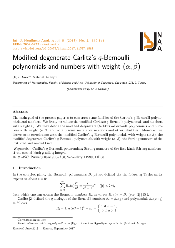 (PDF) Modified Degenerate Carlitz’s q -Bernoulli Polynomials and ...
