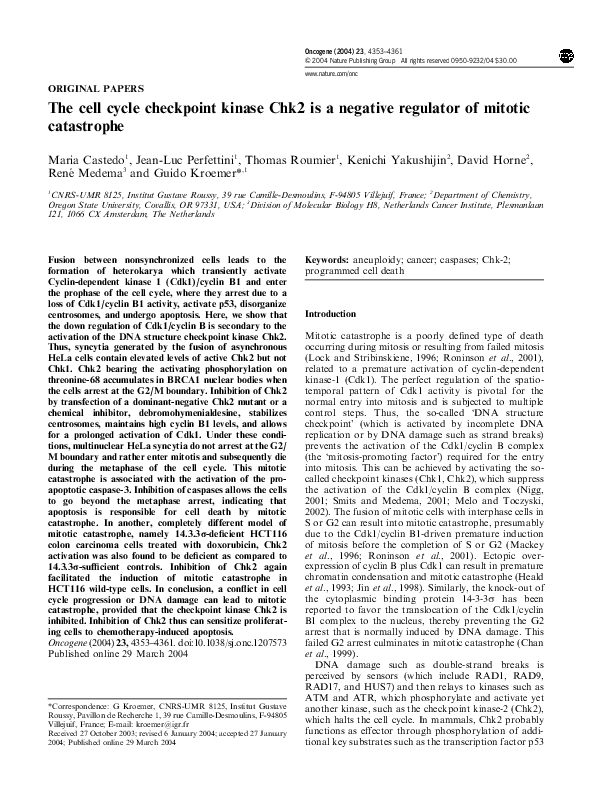 (PDF) The cell cycle checkpoint kinase Chk2 is a negative regulator of ...