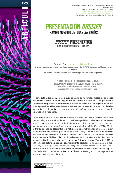 (PDF) ´Ramiro Musotto de todas las Bahias. Presentación del Dossier en ...