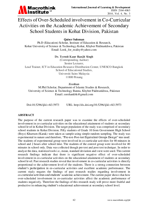 (PDF) Effect of over-scheduled involvement in co-curricular activities ...