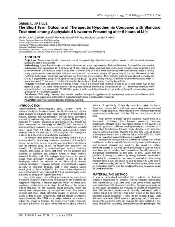 (PDF) The Short Term Outcome of Therapeutic Hypothermia Compared with ...