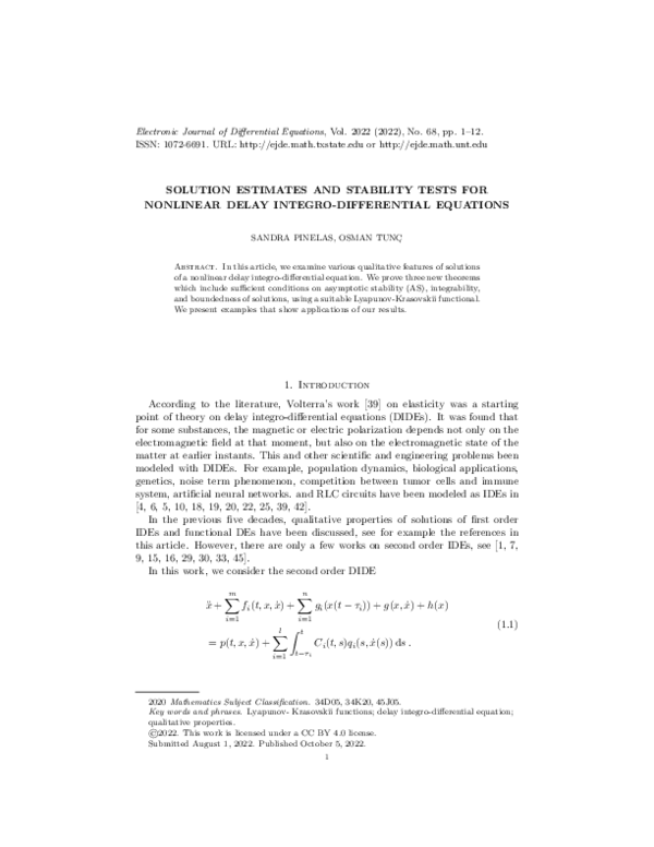 (PDF) Solution estimates and stability tests for nonlinear delay ...