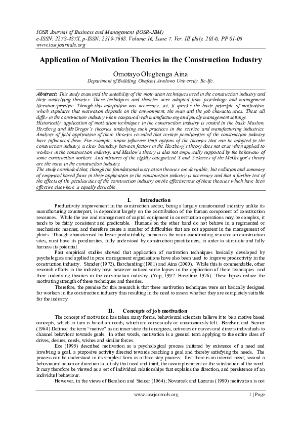 (PDF) Application of Motivation Theories in the Construction Industry