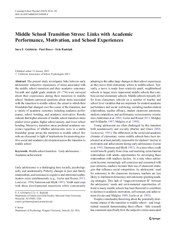 (PDF) Middle School Transition Stress: Links with Academic Performance ...