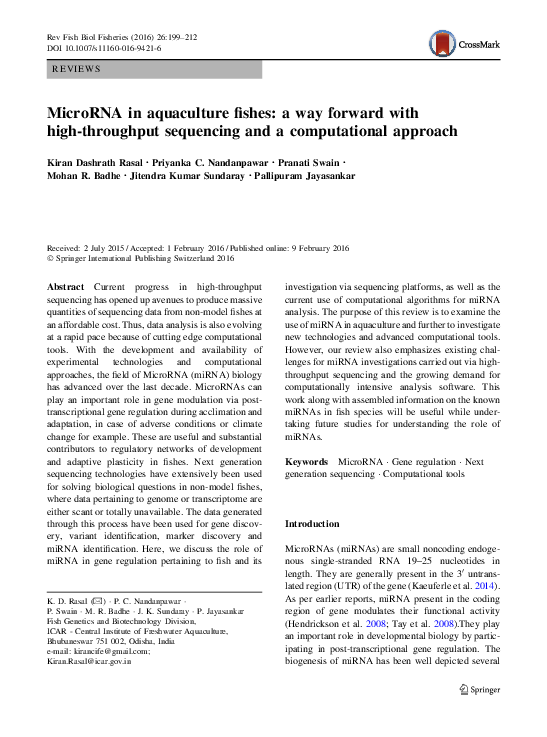 (PDF) MicroRNA in aquaculture fishes: a way forward with high ...