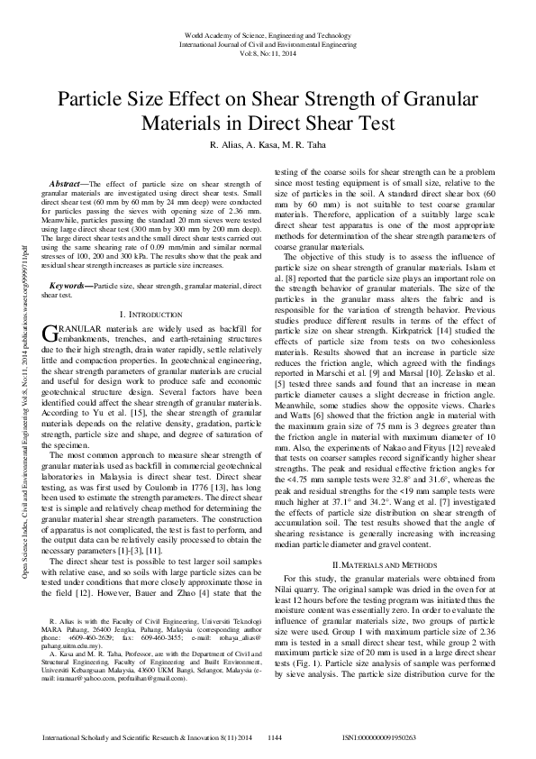 (PDF) Particle Size Effect On Shear Strength Of Granular Materials In ...