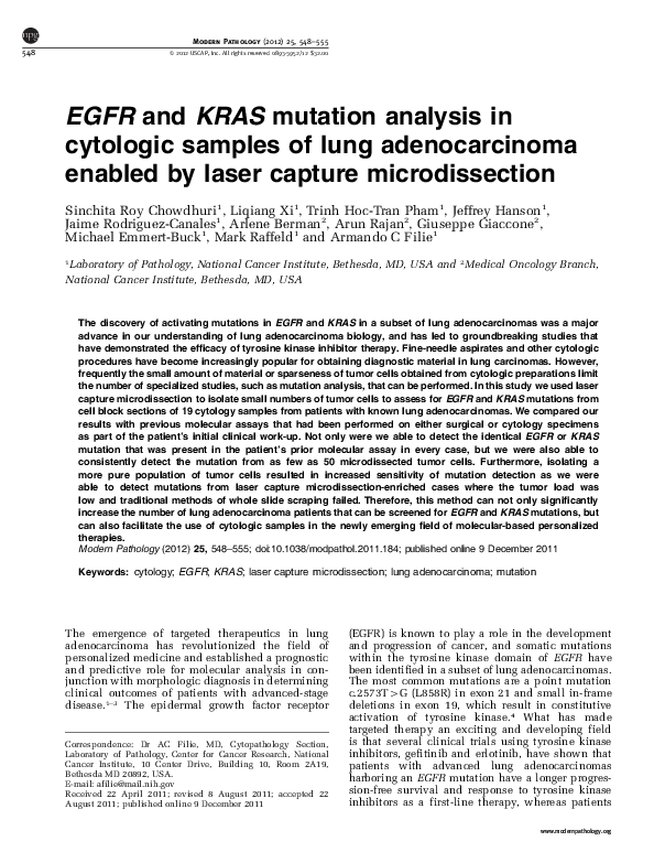 (PDF) EGFR and KRAS mutation analysis in cytologic samples of lung ...