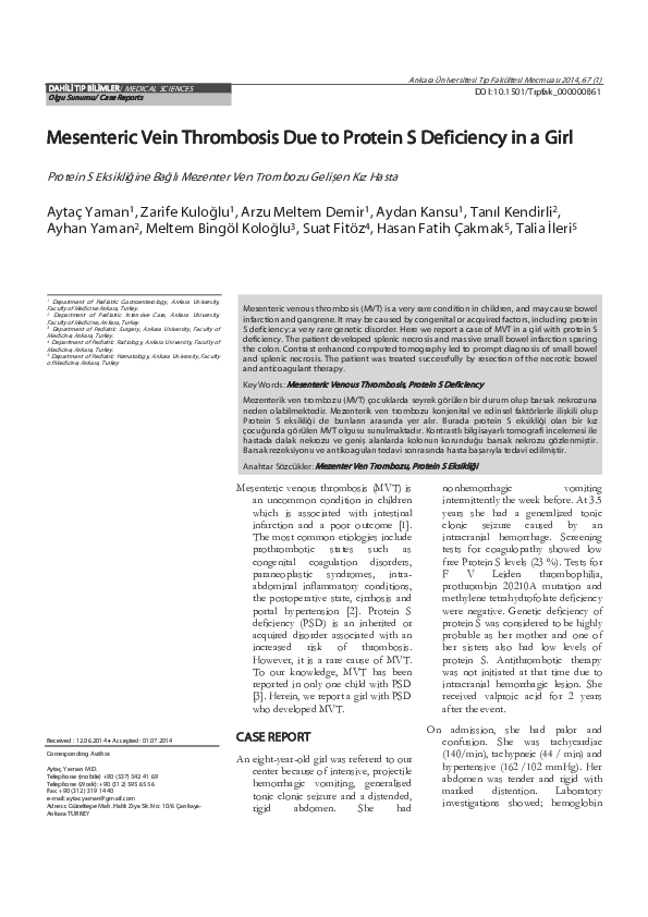 (PDF) Mesenteric Vein Thrombosis Due to Protein S Deficiency in a Girl