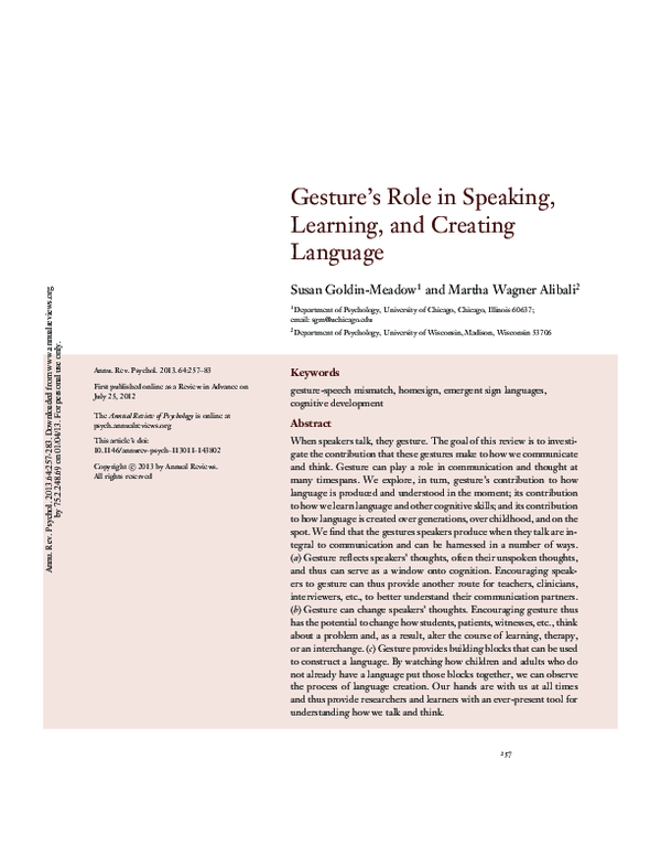 (PDF) Gesture's Role in Speaking, Learning, and Creating Language